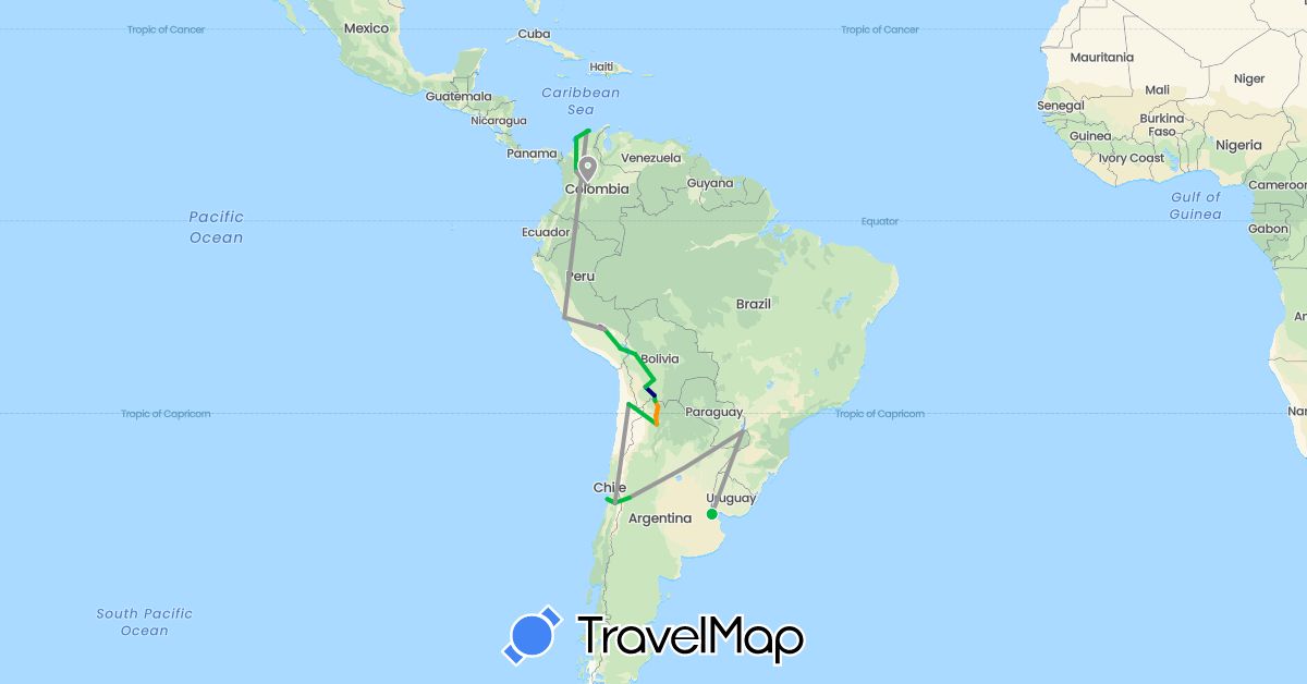 TravelMap itinerary: driving, bus, plane, train, hiking, boat, hitchhiking in Argentina, Bolivia, Chile, Colombia, Peru (South America)